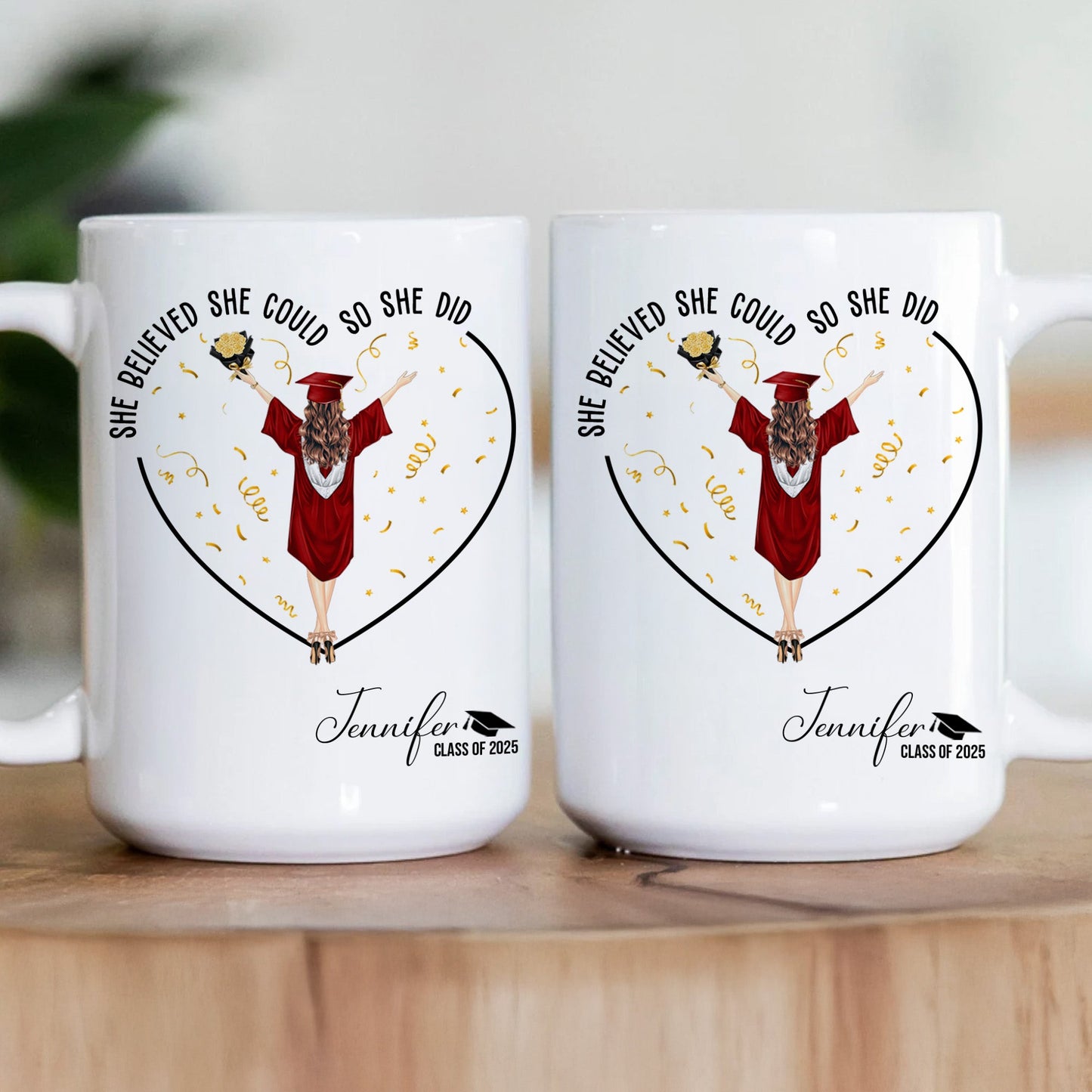 Close-up of printed personalized name and year on graduate mug