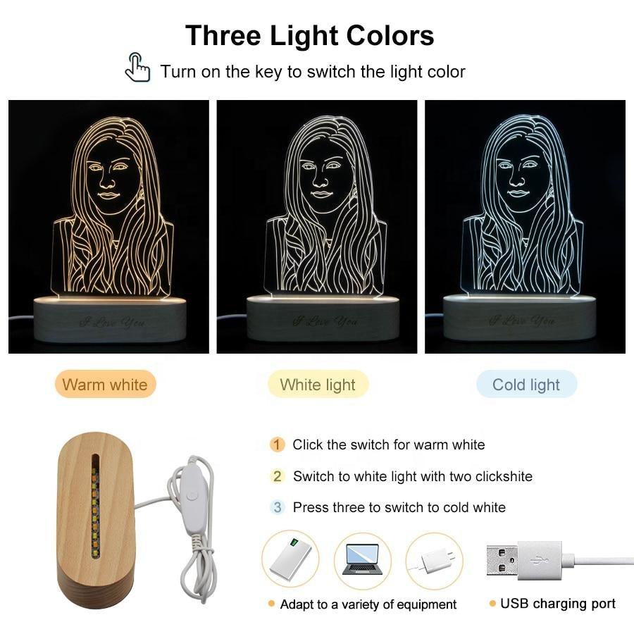 Custom Any Shape 3D Acrylic Lamp Picture Night Light With Engraved Wooden Base - GiftUpp