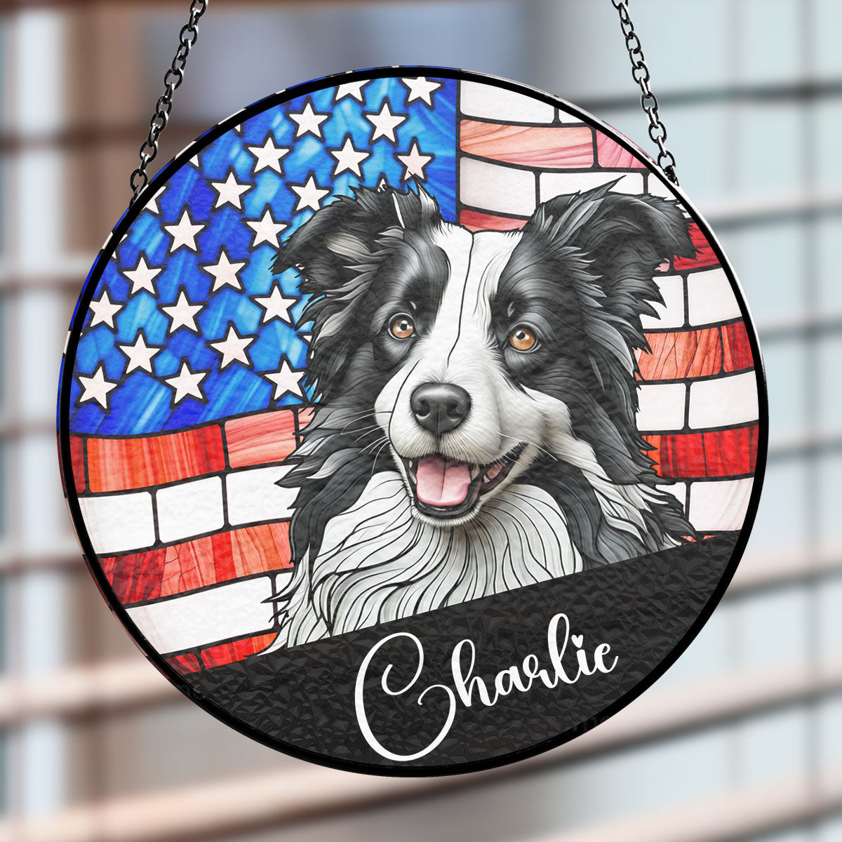 Portrait Dog America - Personalized Custom Window Hanging Suncatcher