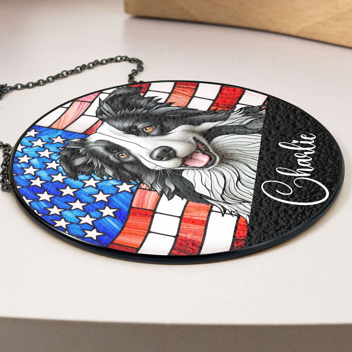 Portrait Dog America - Personalized Custom Window Hanging Suncatcher