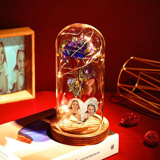 Custom Heart-Shaped Photo Colorful Simulation Eternal Rose Flower LED Night Light Forever Roses In Glass Dome - GiftUpp