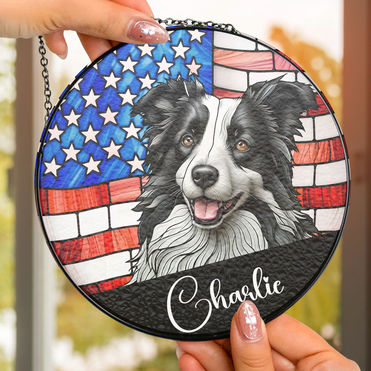 Portrait Dog America - Personalized Custom Window Hanging Suncatcher