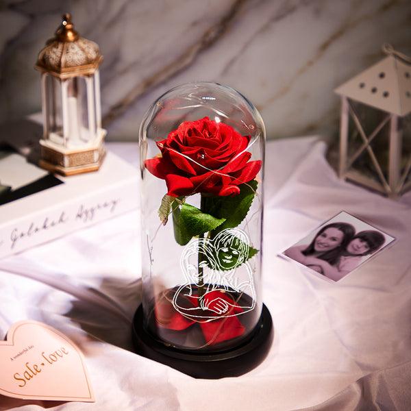 Custom Photo Line Drawing LED Night Light Romantic Simulation Eternal Red Rose In Glass Dome - GiftUpp