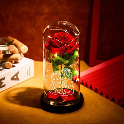 Custom Photo Line Drawing LED Night Light Romantic Simulation Eternal Red Rose In Glass Dome - GiftUpp