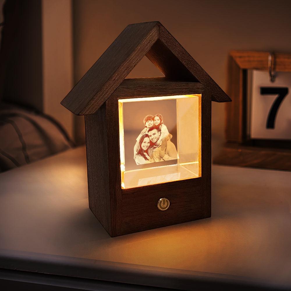 Custom 3D Crystal Photo Lamp Wooden House Night Light - GiftUpp