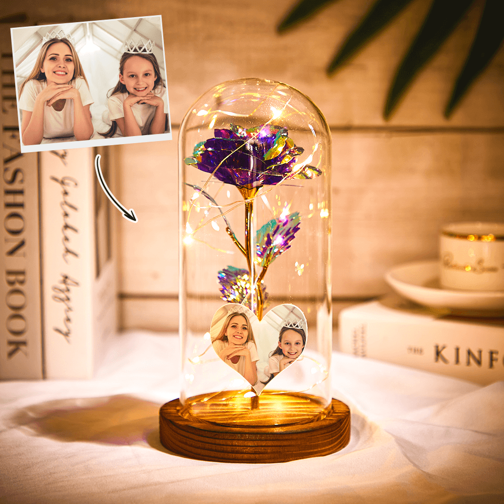 Custom Heart-Shaped Photo Colorful Simulation Eternal Rose Flower LED Night Light Forever Roses In Glass Dome - GiftUpp