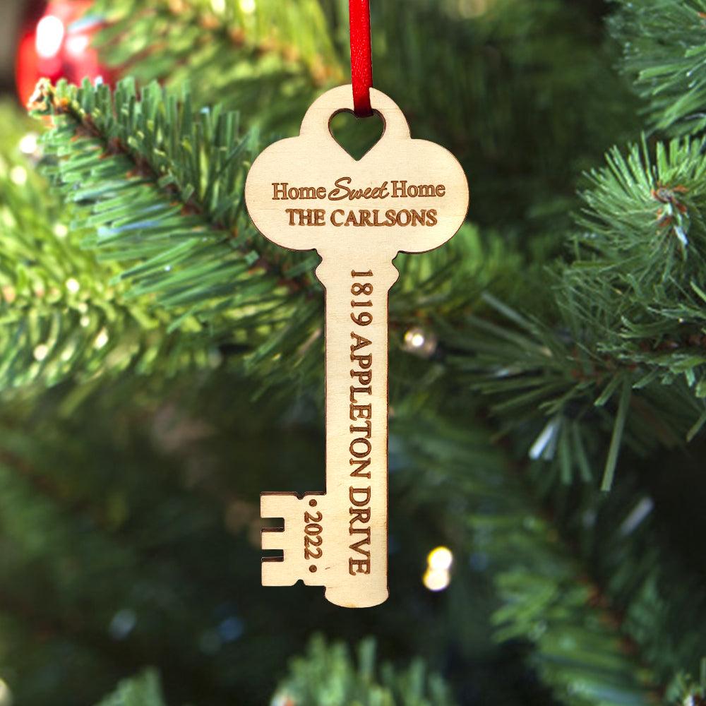 Personalized New Home Christmas Ornament Wooden Key Decoration for Housewarming Gift - GiftUpp