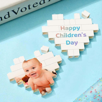 Custom Building Brick Personalized Heart Shaped Photo Block for Children's Day - GiftUpp