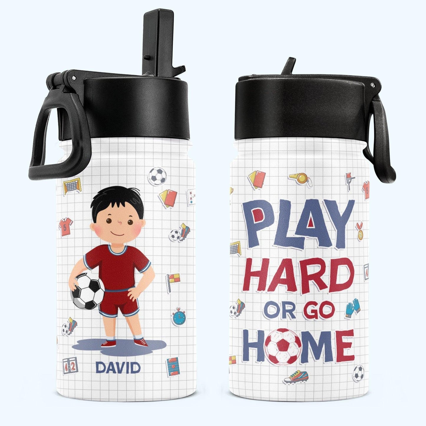 Ice Soccer Play Hard Or Go Home - Personalized Kids Water Bottle With Straw Lid - GiftUpp