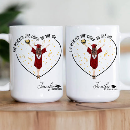 Close-up of printed personalized name and year on graduate mug