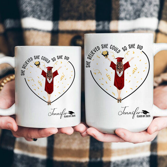 Personalized Graduate Mug - "She Believed She Could So She Did" quote printed on white ceramic mug
