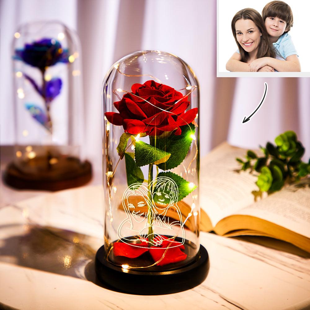 Custom Photo Line Drawing LED Night Light Romantic Simulation Eternal Red Rose In Glass Dome - GiftUpp