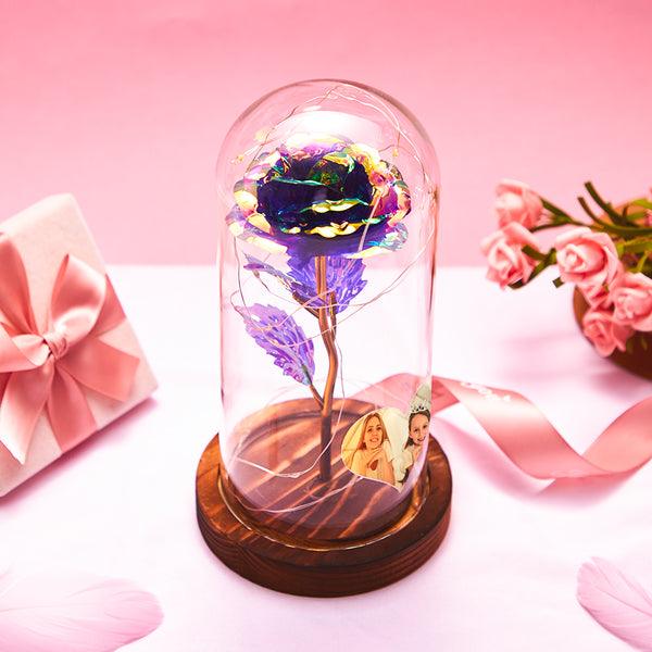 Custom Heart-Shaped Photo Colorful Simulation Eternal Rose Flower LED Night Light Forever Roses In Glass Dome - GiftUpp