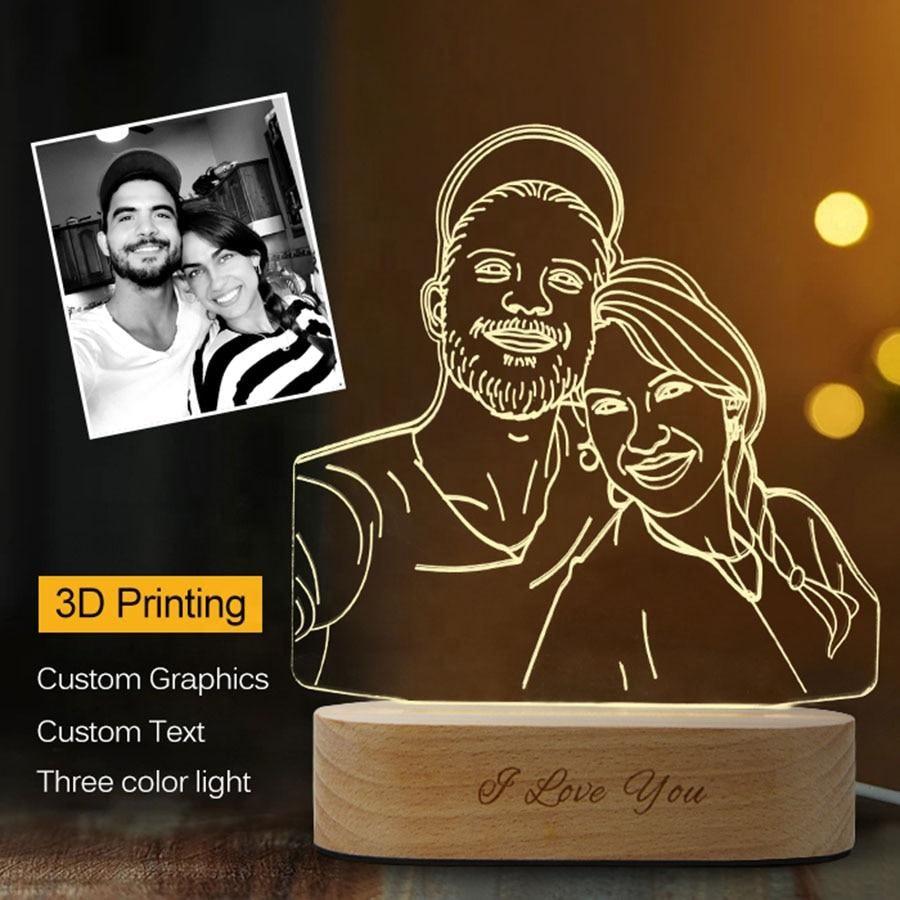 Custom Any Shape 3D Acrylic Lamp Picture Night Light With Engraved Wooden Base - GiftUpp