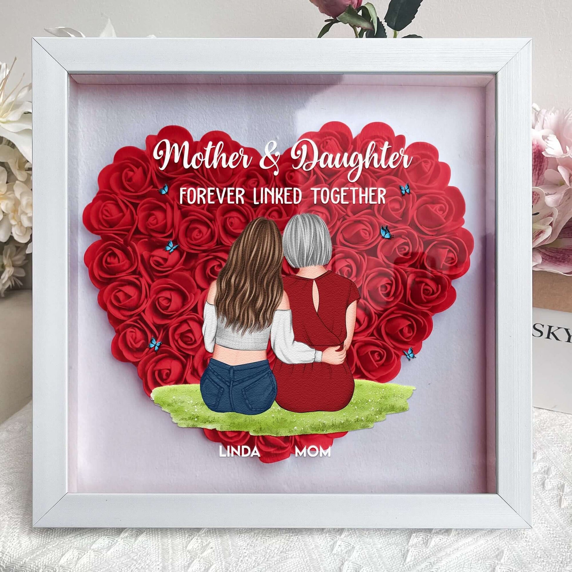 Mother and Daughter Forever Linked Together - Personalized Flower Shadow Box - GiftUpp