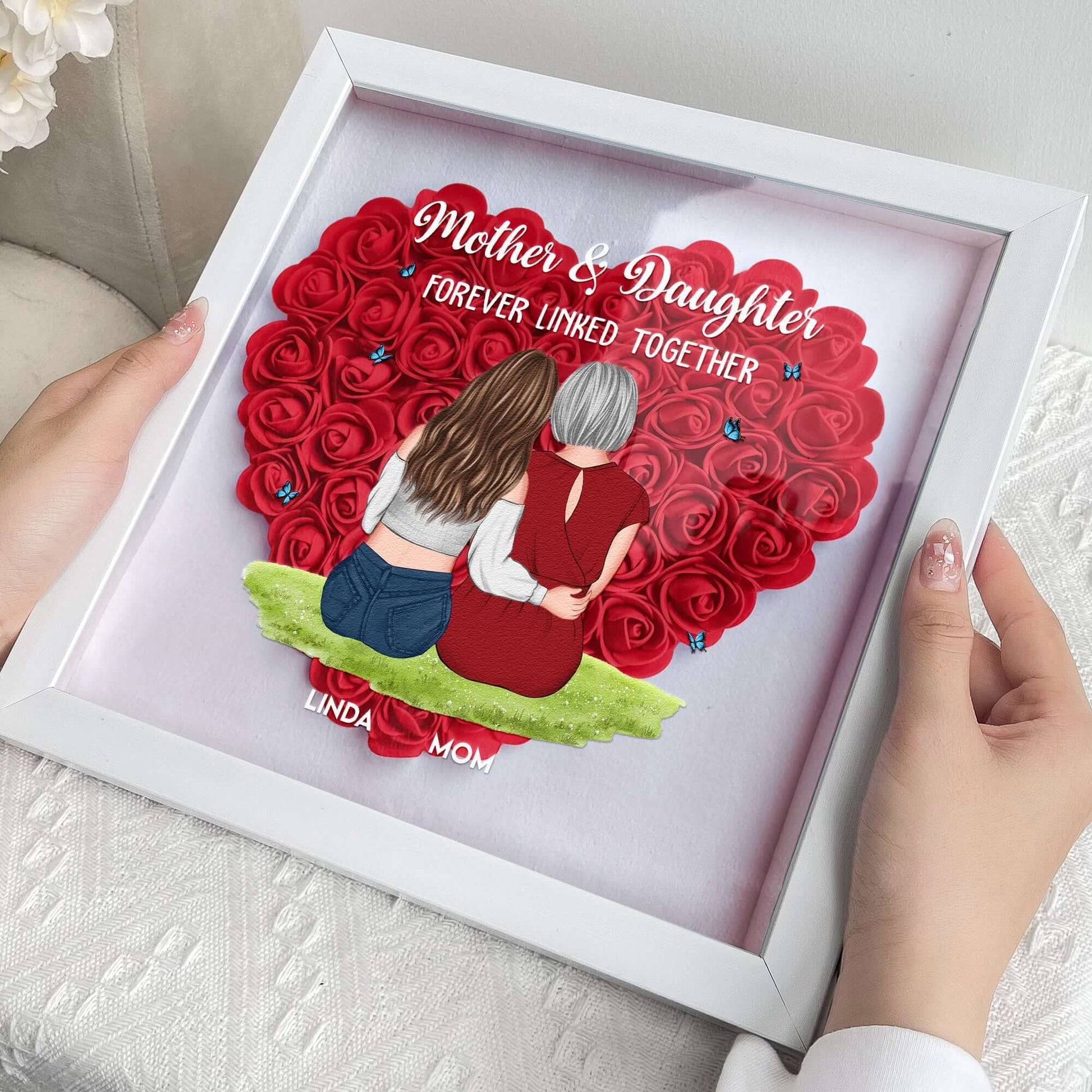 Mother and Daughter Forever Linked Together - Personalized Flower Shadow Box - GiftUpp